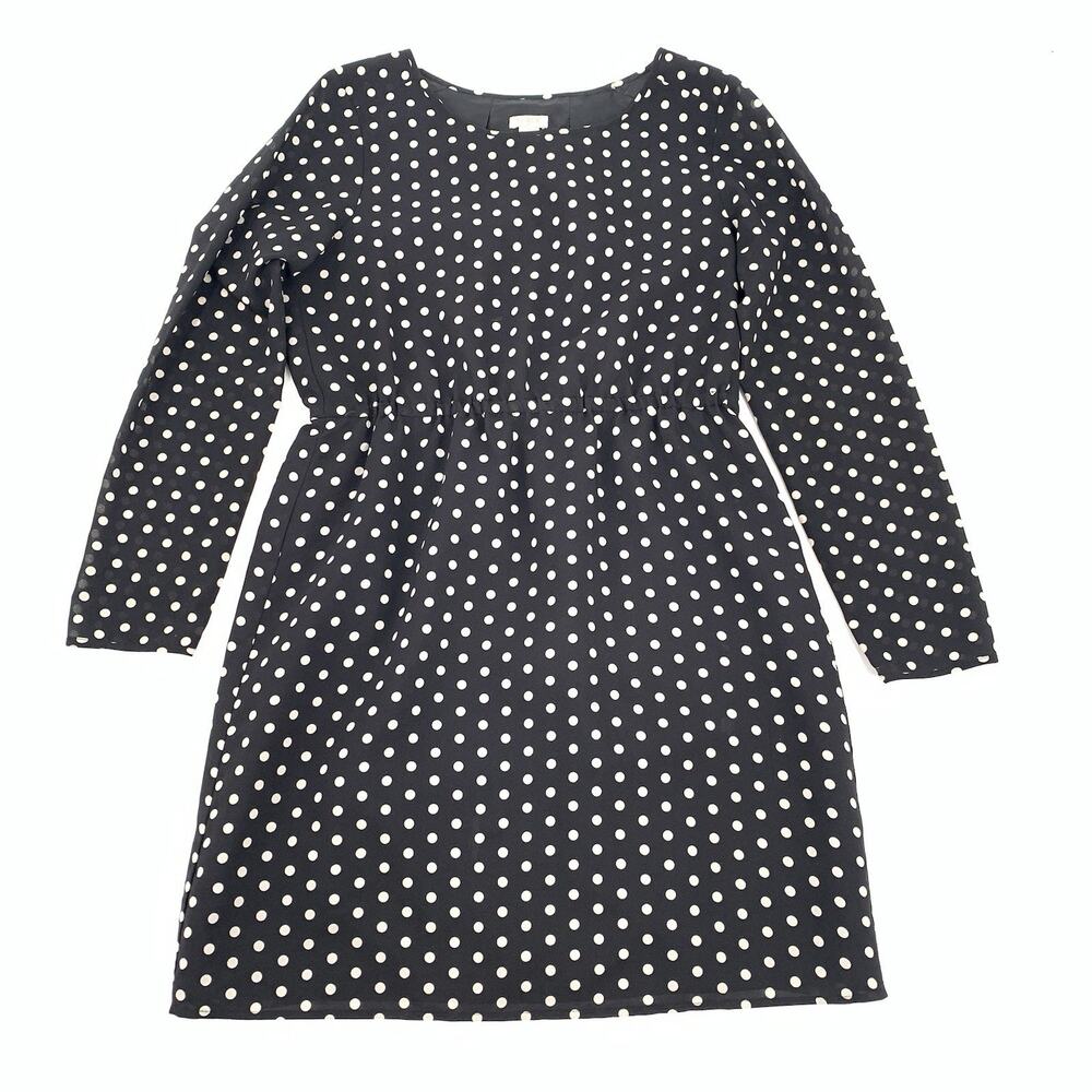 J. Crew Long Sleeve Polka Dot Print Dress 4 Womens Black White Retro Preppy S